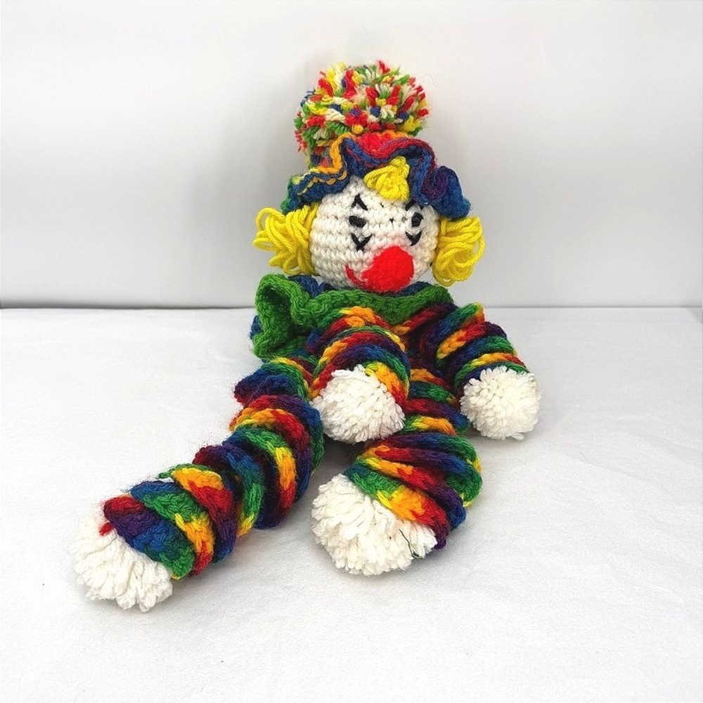 Crochet Clown Doll Plush Rainbow Curly Long Arms Legs Vintage Halloween Toy